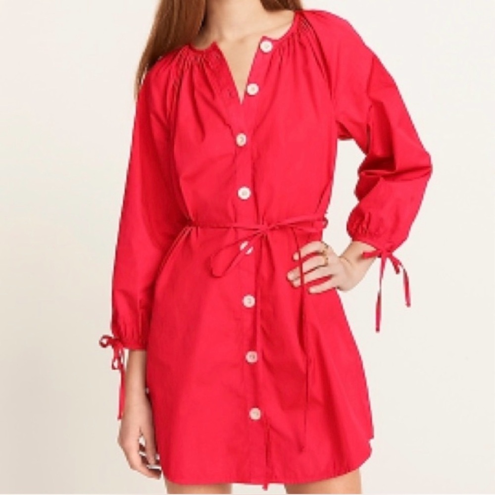 J Crew Tie-Sleeve Button-Front Dress in Cotton Poplin Wild Hibiscus Size Medium